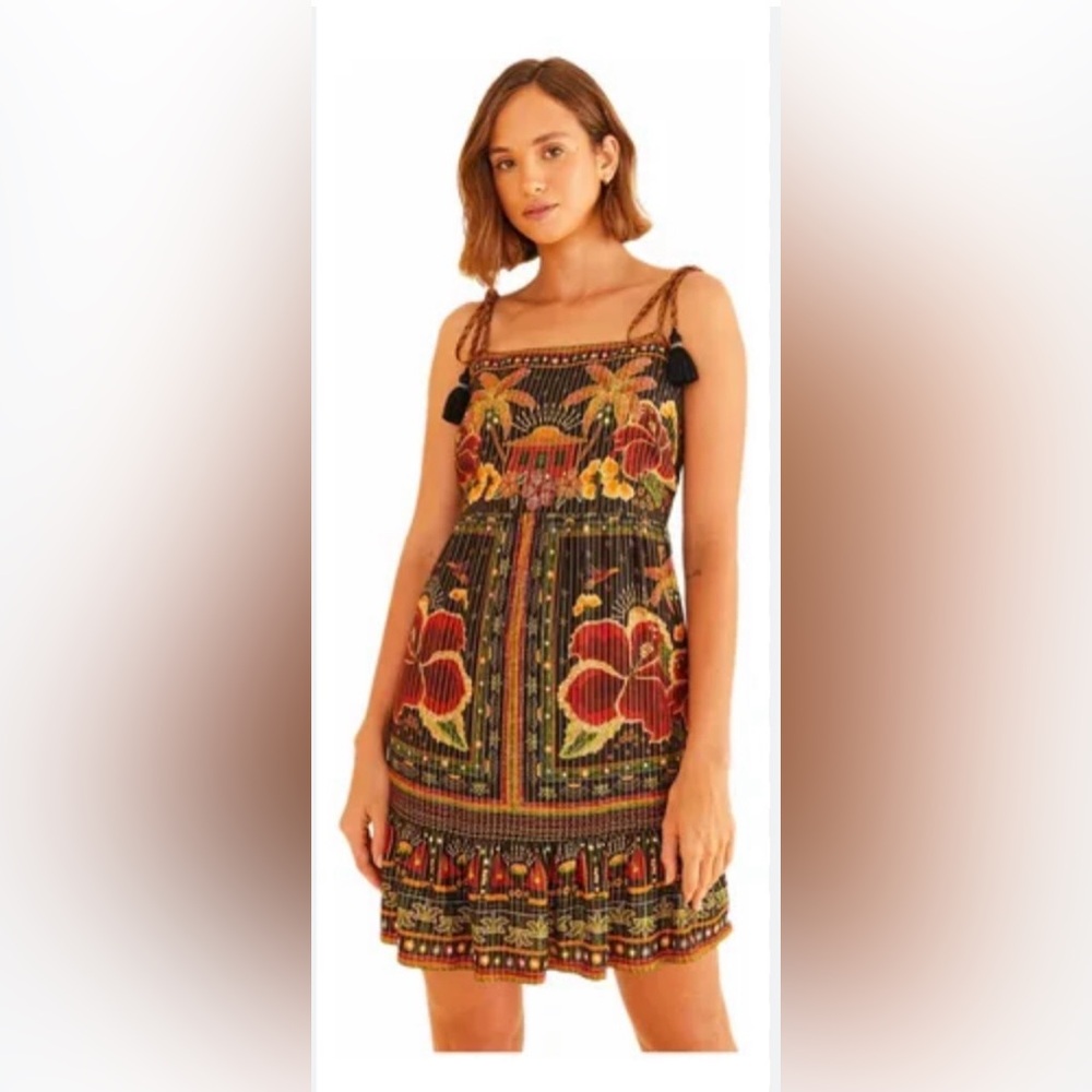 FARM Rio Sombra E Água Salgada Floral Mini Dress - tassels shoulder straps, medi